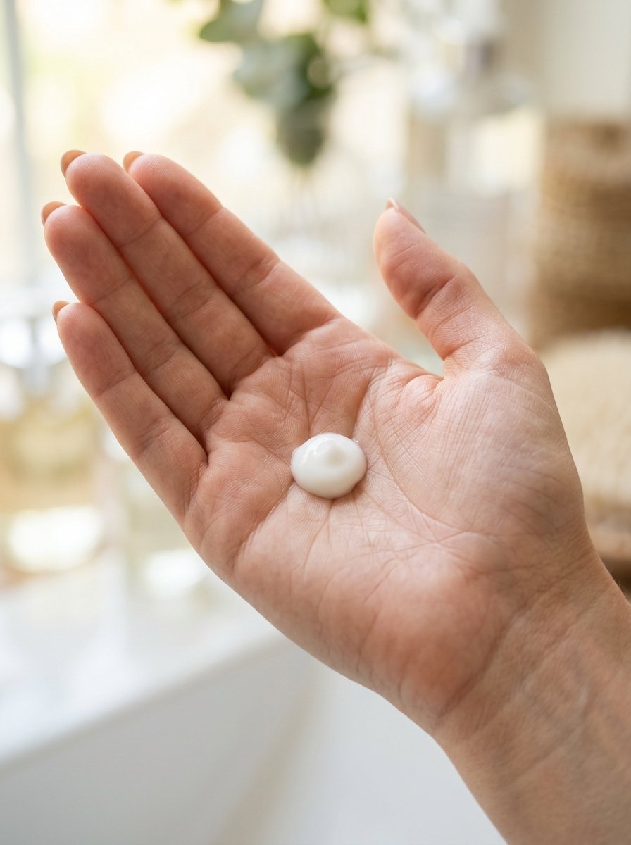 Close up of a person's hand holding a small amount of thick cream against a blurred bathroom backdrop.