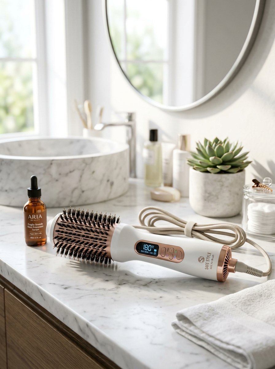 White and rose gold electronic hair styling tool with temperature display sitting next to serum on marble vanity.