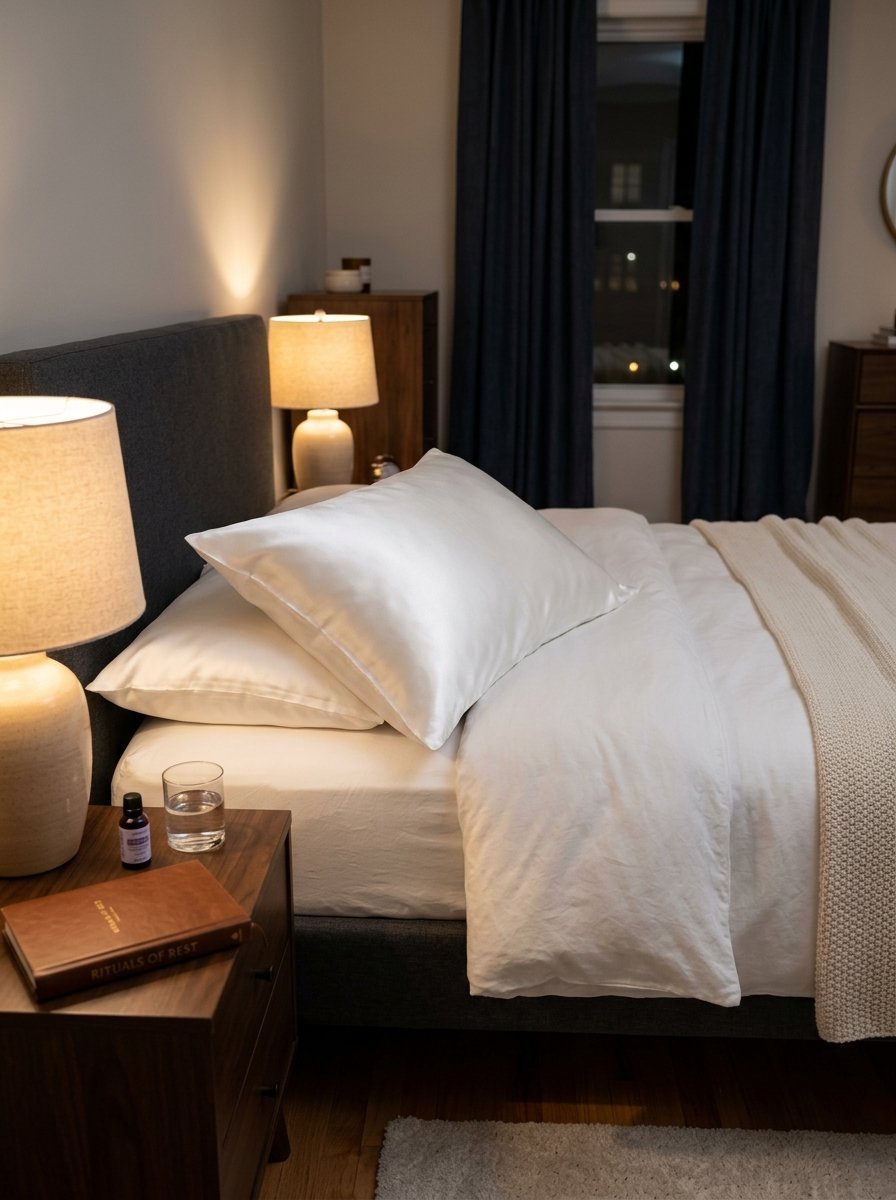 Soft white pillow on a neatly made bed next to a nightstand with a lamp and a book