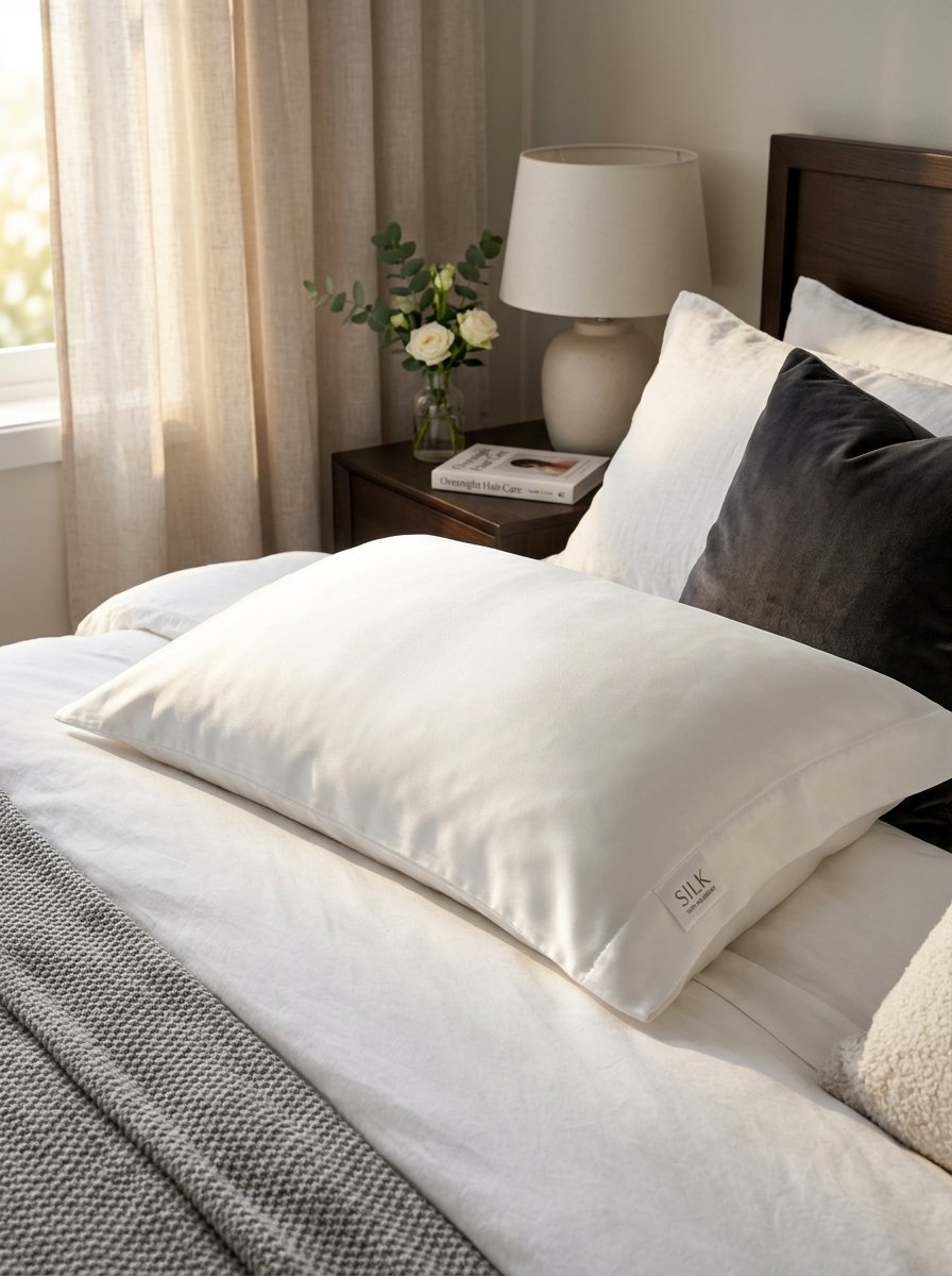 A white silk pillowcase with a small brand tag rests on a bed next to a dark charcoal velvet pillow and bedside lamp.
