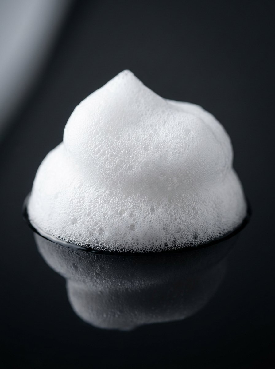 Close up of a dollop of thick white soap lather reflecting on a dark glossy background.