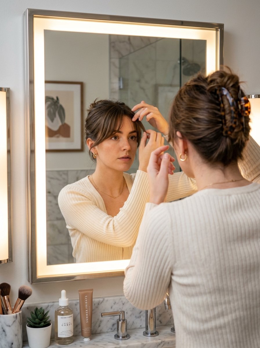 Young woman wearing a white ribbed sweater checking her bangs in a rectangular illuminated vanity mirror.