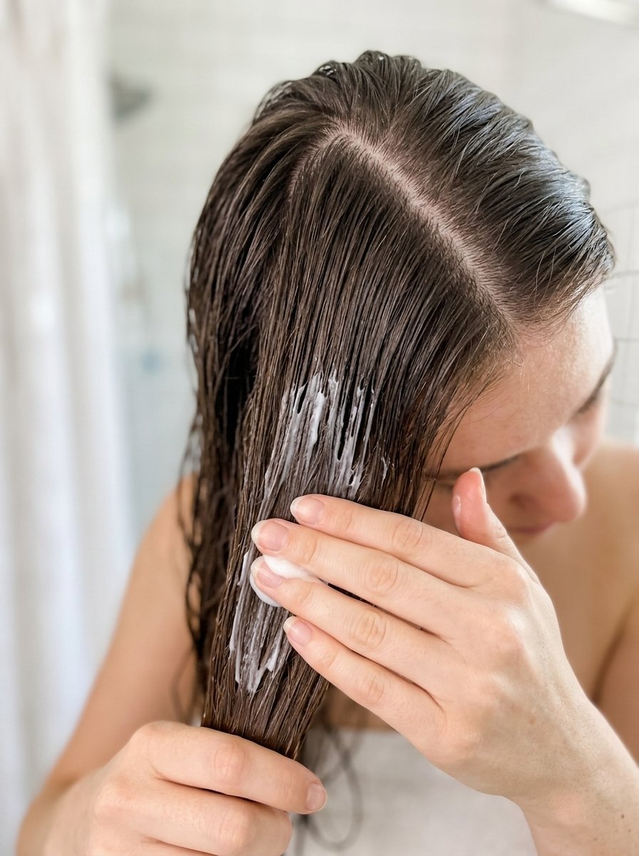 Close-up of a person smoothing white conditioning cream into wet hair while in a bathroom shower.