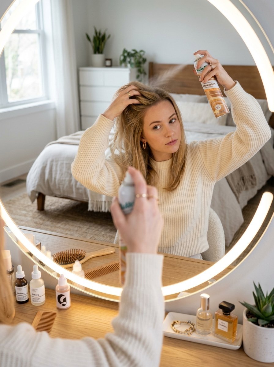 Young blonde woman in a cream sweater spraying dry shampoo into her hair while looking into a round lighted mirror.