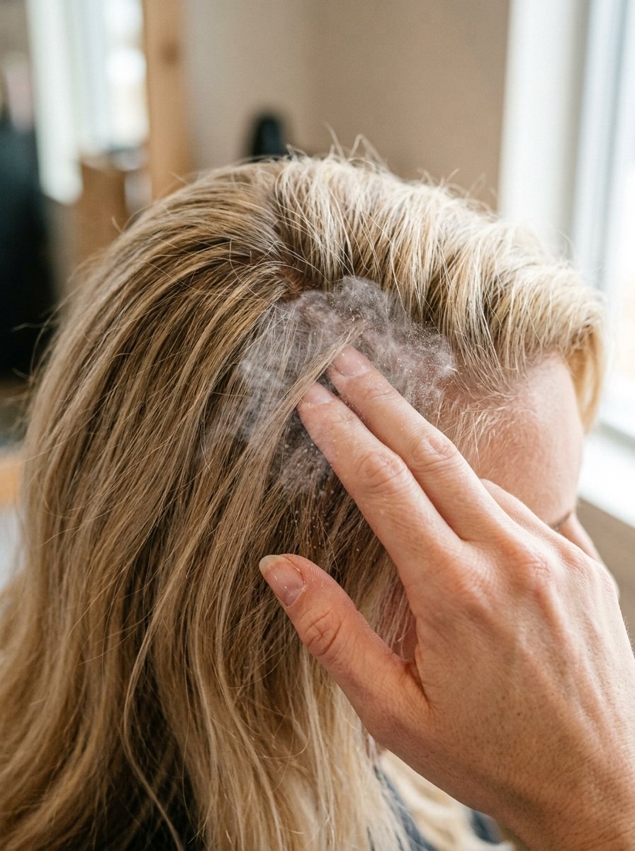 Close up of fingers rubbing white dry shampoo powder into blonde hair roots to cover thinning or regrowth.