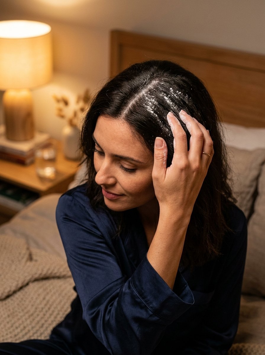 Close up of a woman in silk pajamas rubbing white dry shampoo powder into her dark scalp.