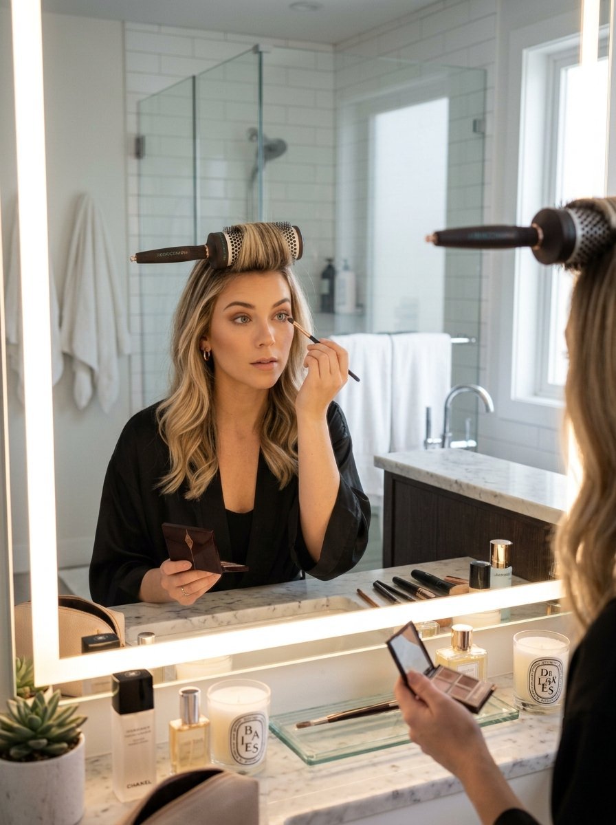 Young woman in a silk robe applying makeup in a bright bathroom mirror with a hair roller in her bangs.