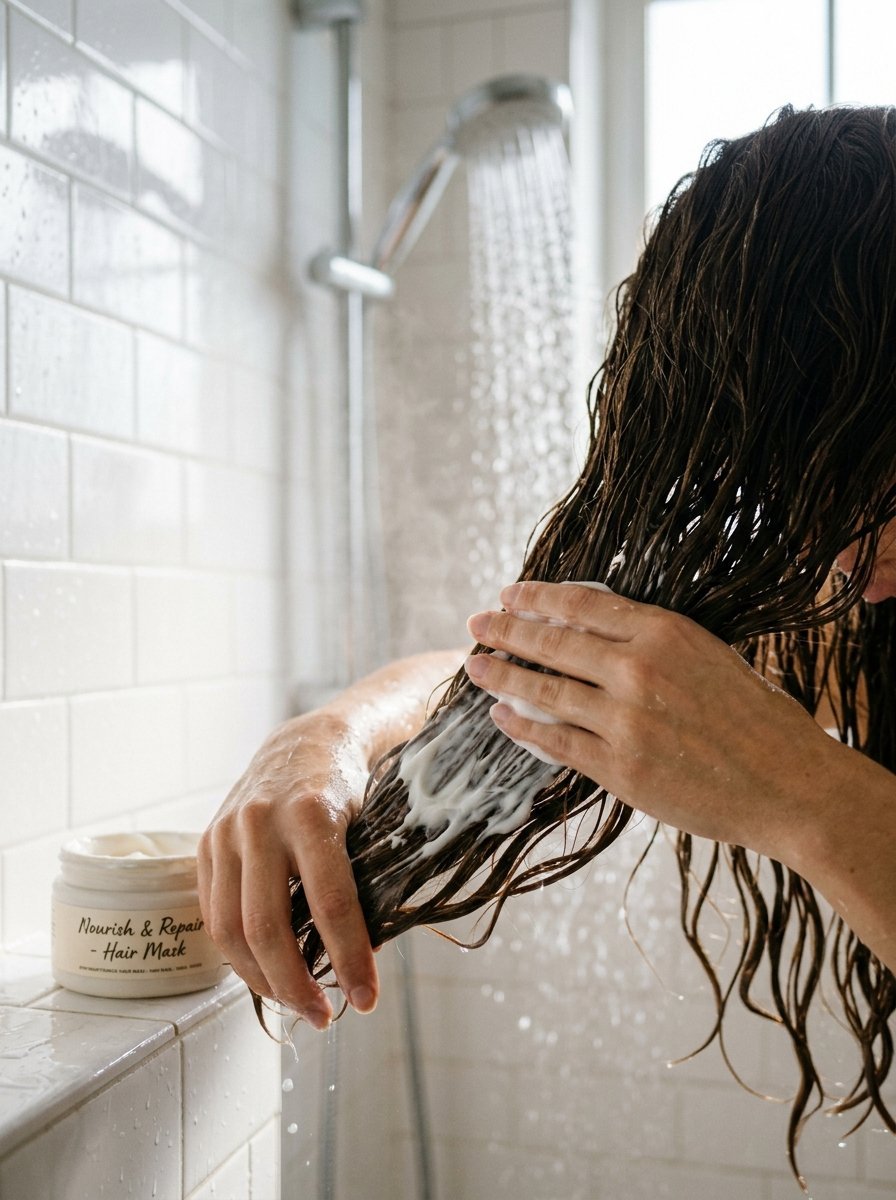 A person applying white conditioning hair mask to long wet hair while showering with a tile wall in the background.