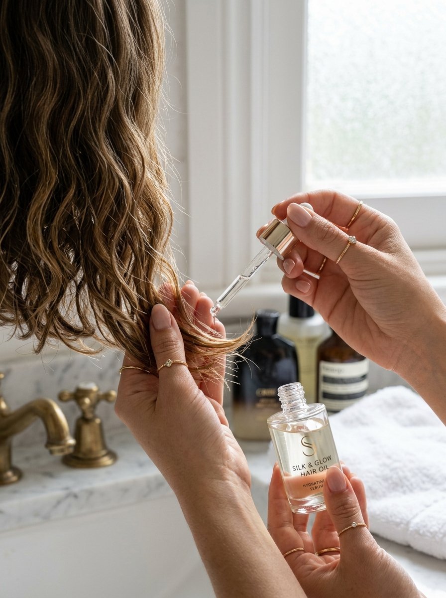 Close-up of hands with gold rings using a dropper to put serum on wavy hair in a bathroom.