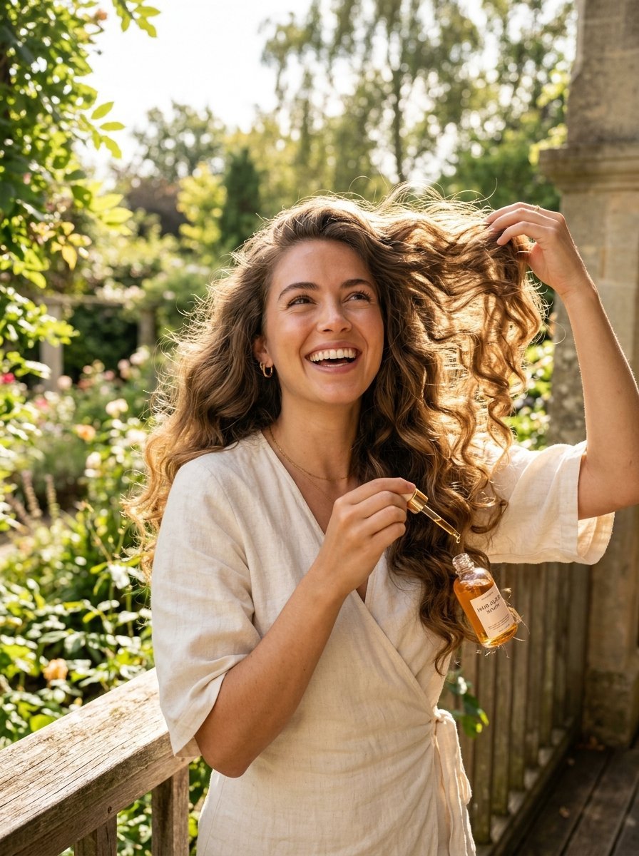 A joyful woman in a linen dress holding a dropper bottle of hair oil in a sunlit garden setting.