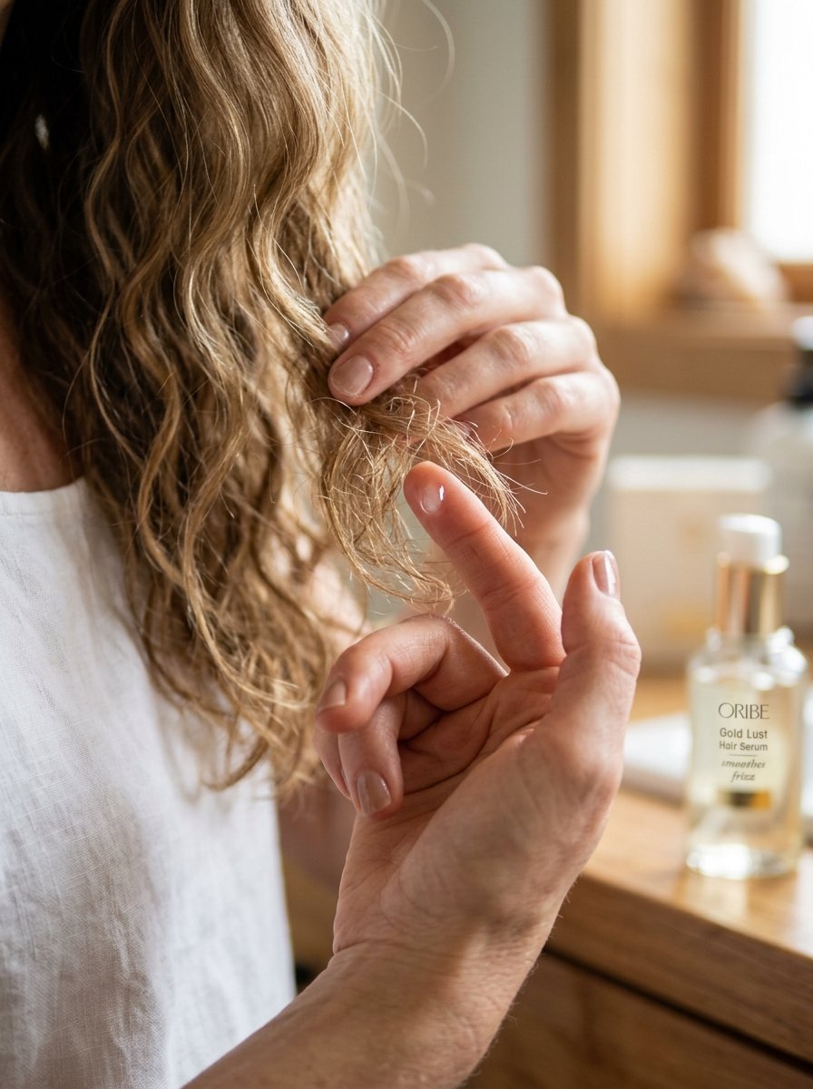 Close up of hands applying a drop of clear hair treatment oil to the ends of wavy blonde hair.