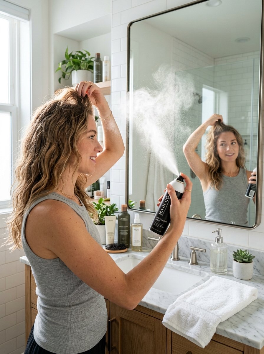Young woman with blonde wavy hair spraying styling product onto her roots in a bright modern bathroom.