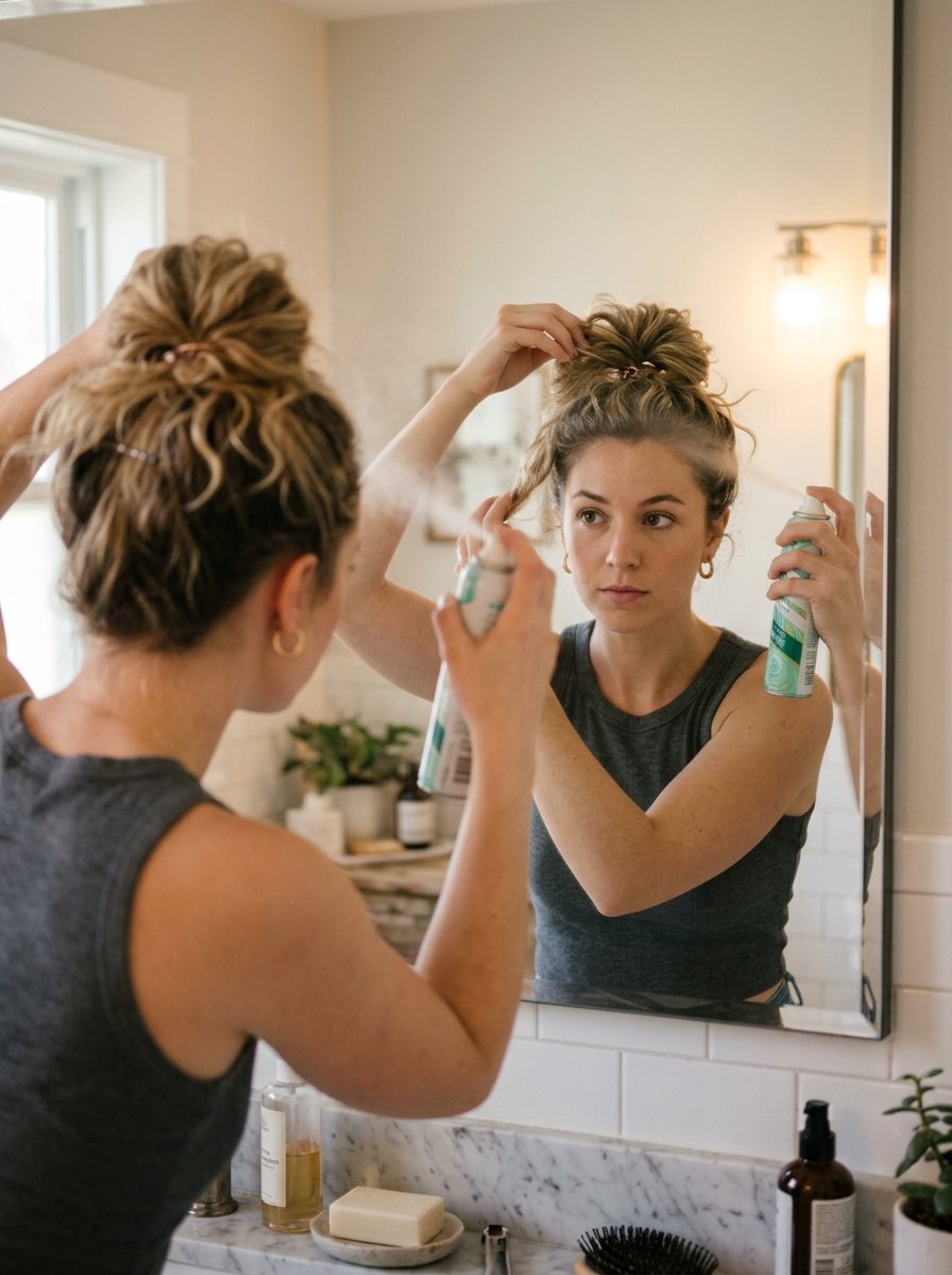 A woman in a grey tank top uses hairspray on her messy bun while looking at her reflection in a bathroom mirror.
