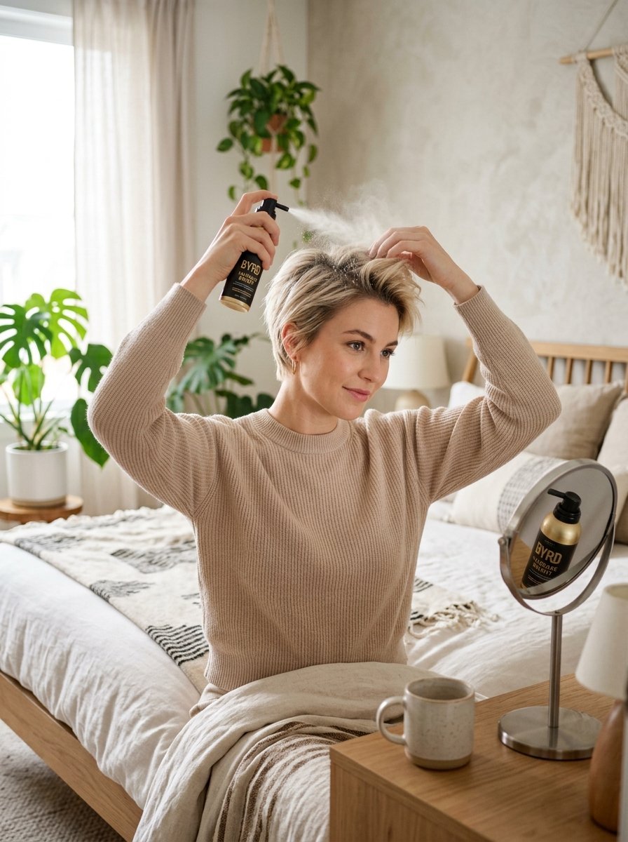 Blonde woman wearing a beige sweater styling her hair with a spray bottle in her bedroom.