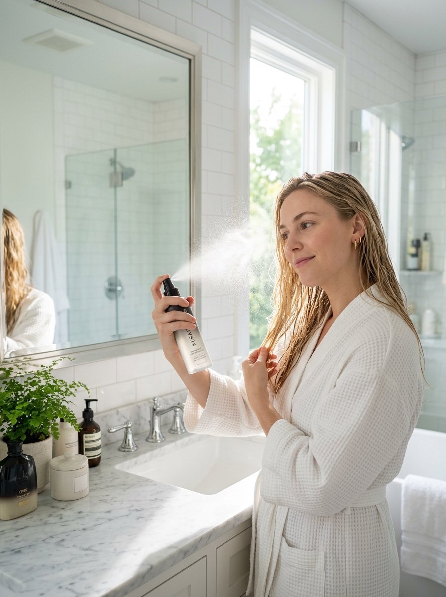 A woman with damp hair wearing a waffle robe sprays a bottle of hair product near a marble bathroom vanity.