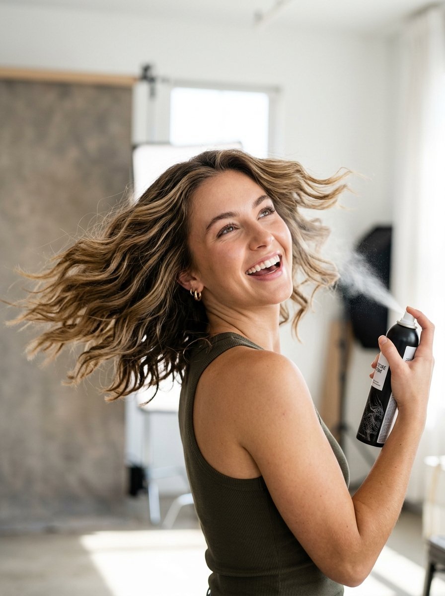 Smiling woman in a tank top using a black bottle of hair spray while her wavy hair flips to the side.
