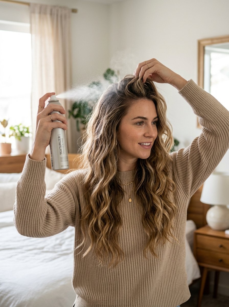 A woman in a beige sweater uses aerosol hair product on her wavy blonde hair in a bedroom.