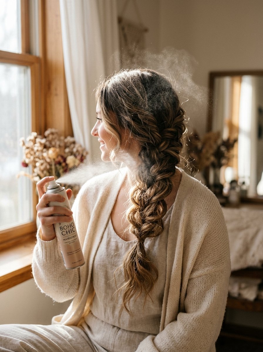 Young woman in beige clothing applying hairspray to her loose side braid by a sunlit window.