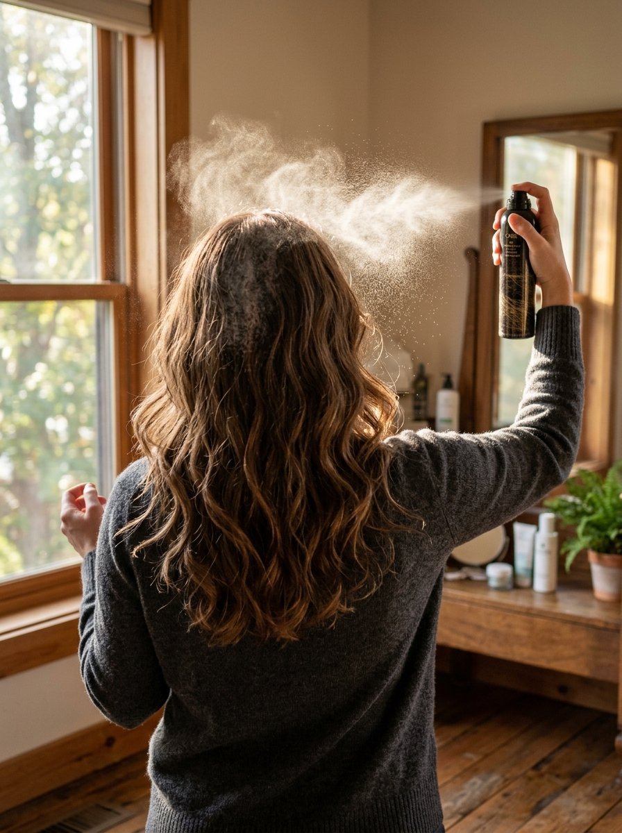 A person with wavy brown hair applying aerosol spray in a room with a wooden vanity and natural sunlight.