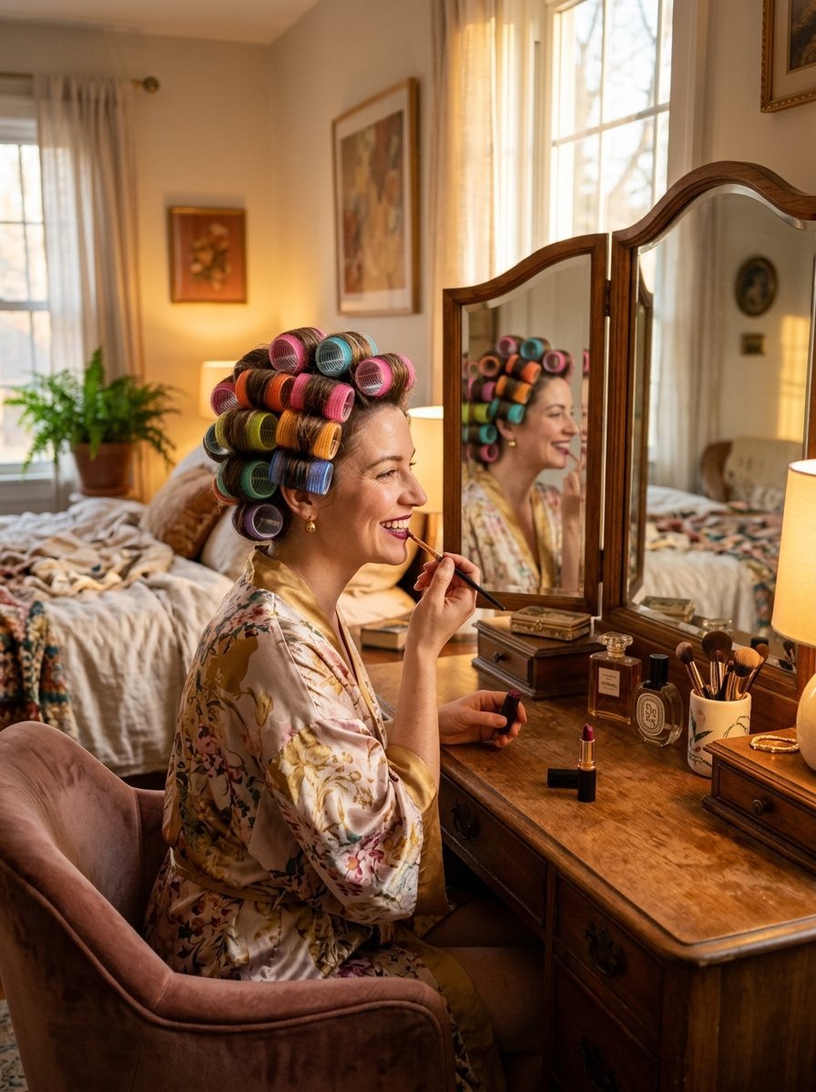A woman with colorful hair rollers sitting in a velvet chair applying dark lipstick with a makeup brush.