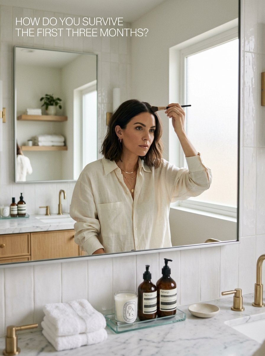 A woman in a linen shirt uses a makeup brush while looking into a large bathroom mirror.
