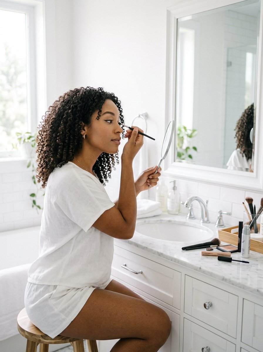 Young Black woman sitting on a wooden stool using a small hand mirror to apply makeup at a white marble sink.