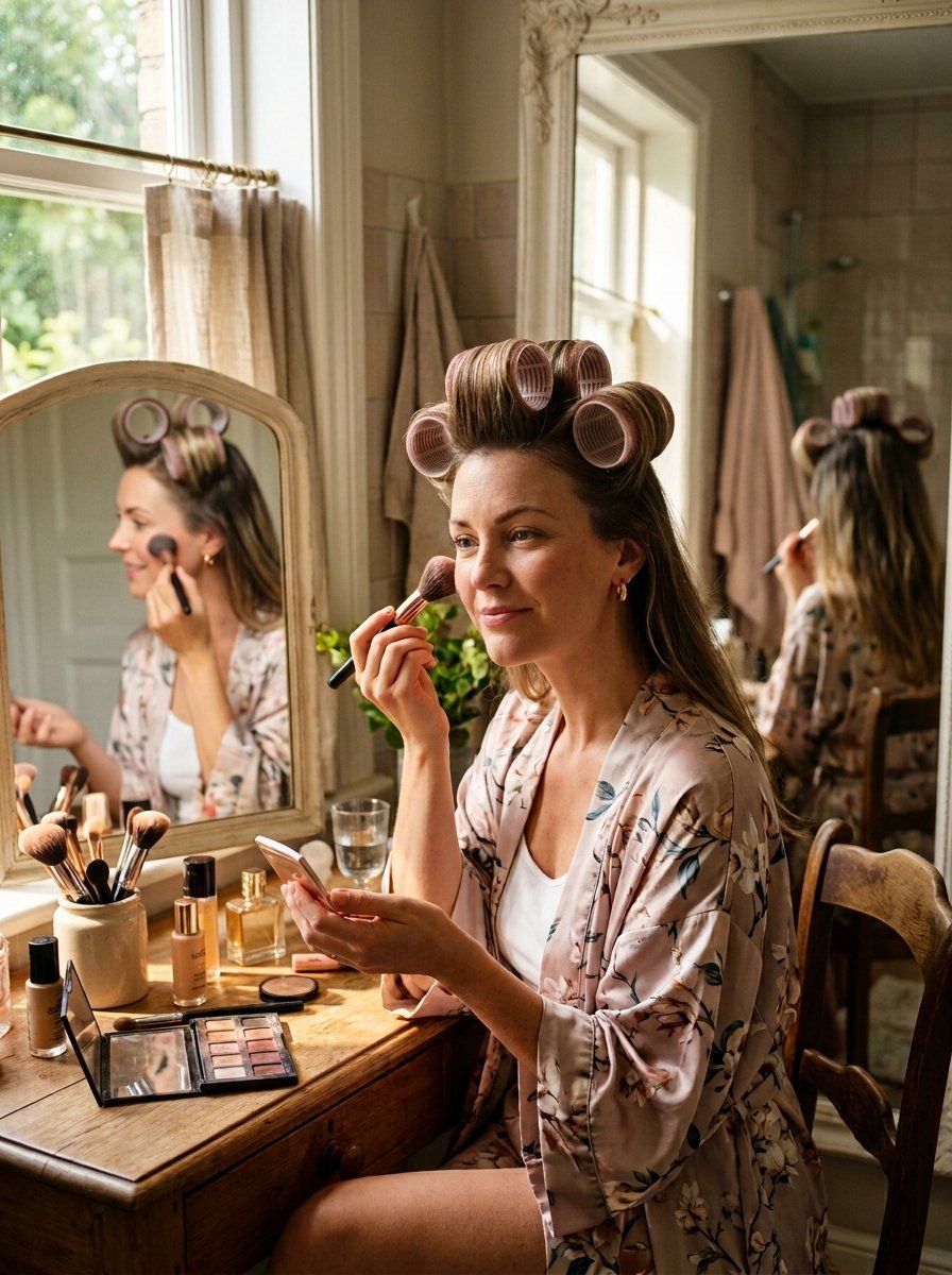 A woman wearing hair rollers and a silk robe sits at a wooden vanity table, holding a brush to apply cheek makeup.
