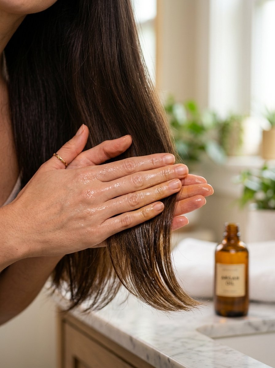 Close up of hands smoothing argan oil into long brown hair in a bright bathroom setting.