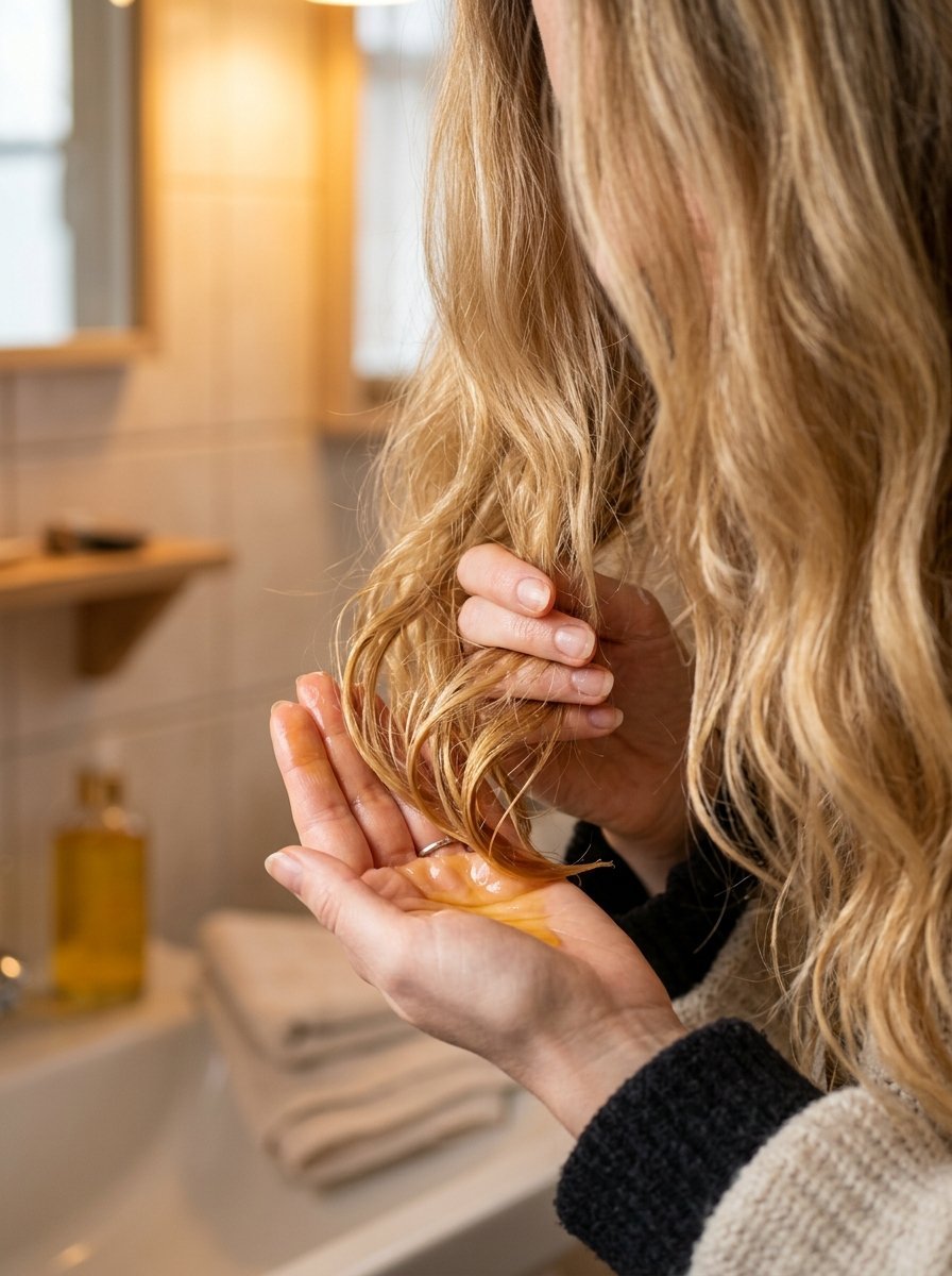Close-up of hands applying hair serum to the ends of long blonde strands in a bathroom.