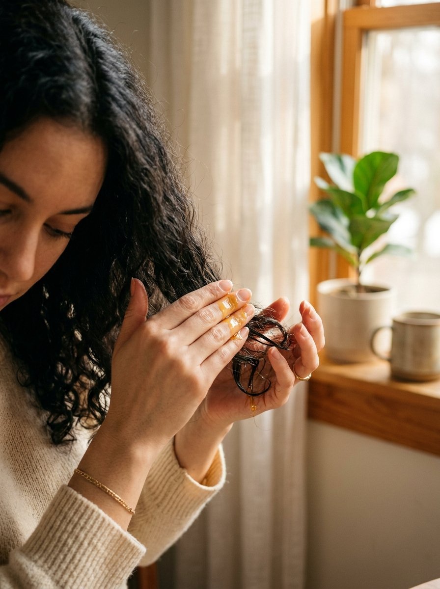 Close-up of a person rubbing golden hair serum between fingers while applying it to dark textured locks.