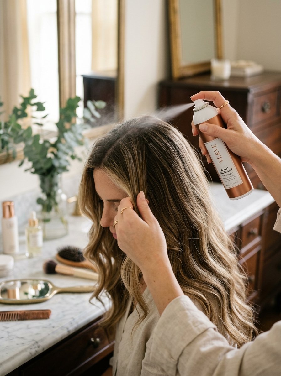 Close-up of hands spraying texturizing mist onto the roots of a woman with long wavy hair in a bathroom.