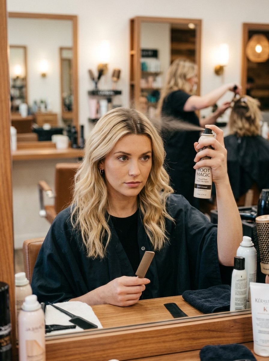 A woman holding a bottle of Root Magic spray while looking into a mirror at a hair salon.