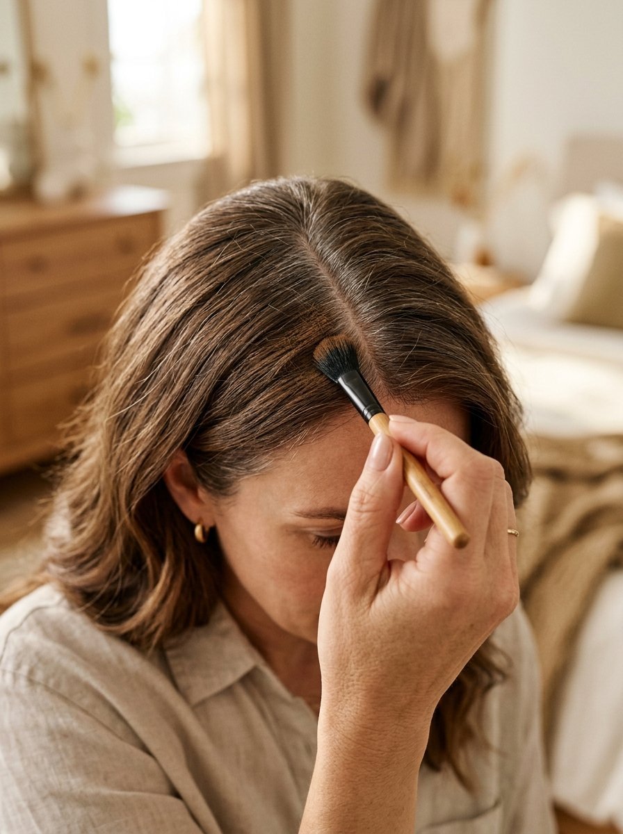 Close up of a woman applying powder to her hair part using a makeup brush for root coverage.