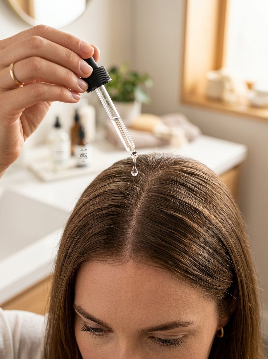 Close-up of a person using a dropper to apply hair treatment oil directly to the scalp.