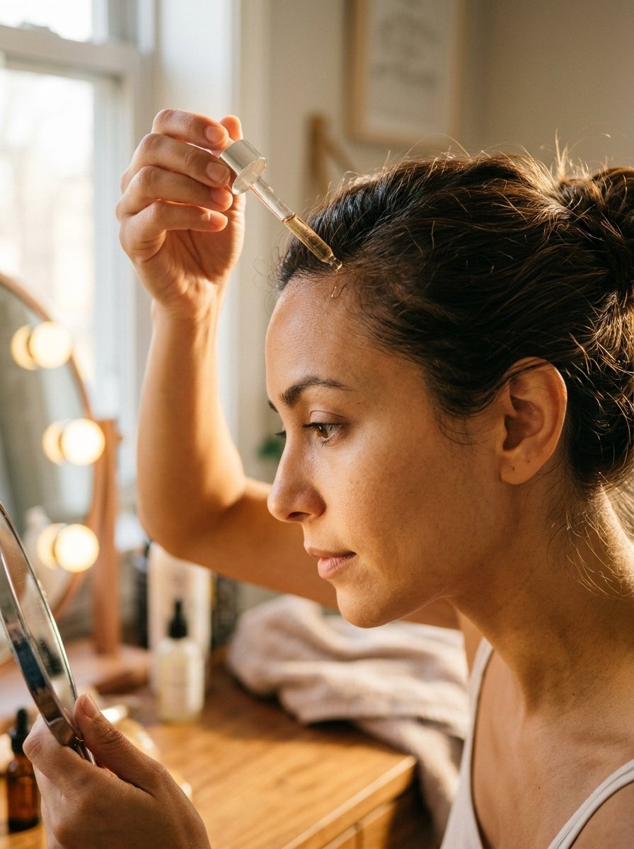 Profile view of a woman holding a dropper to apply hair serum to her scalp while looking into a mirror.