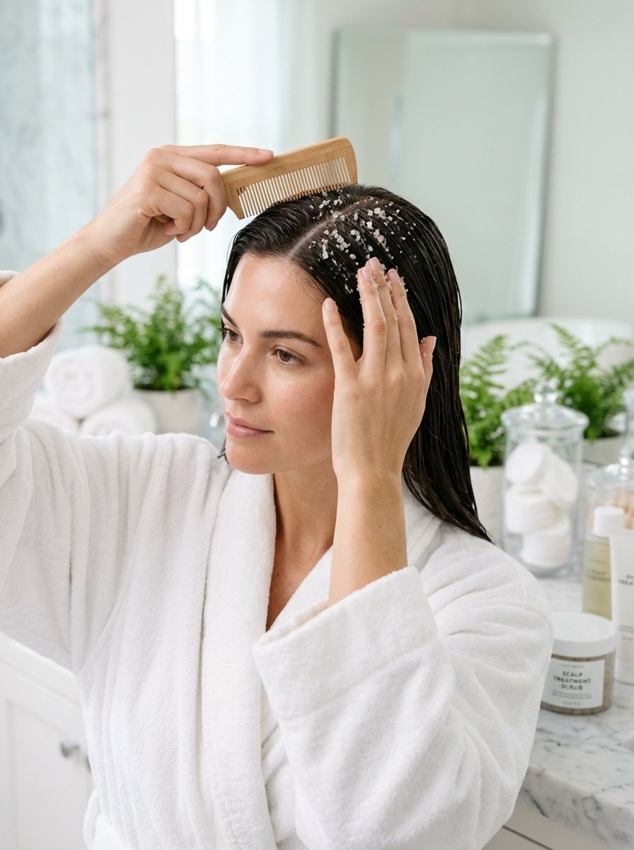 Woman in robe using a wooden comb to distribute exfoliating scrub through her damp hair in a bright bathroom.