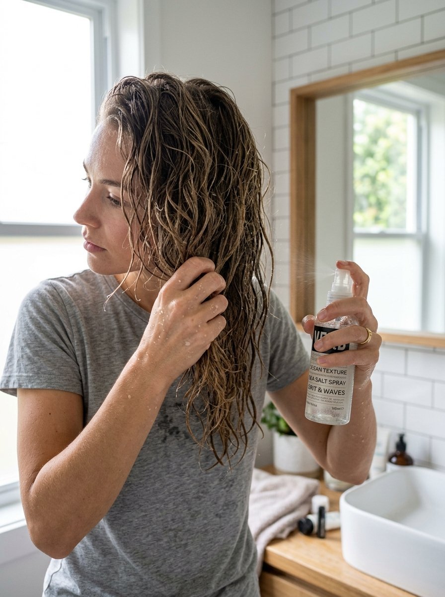A woman in a grey t-shirt spritzing sea salt hair spray onto her wet locks in a bright bathroom.