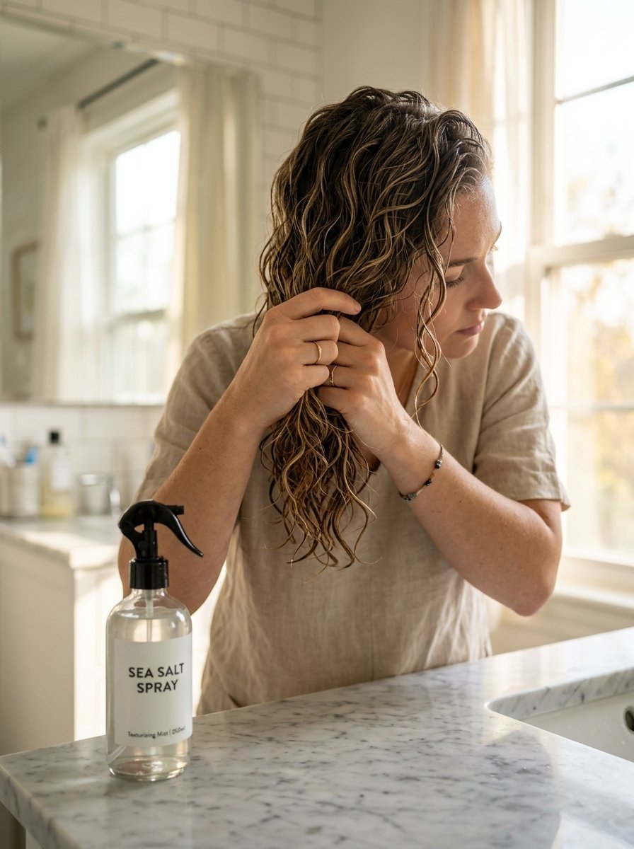 Person with damp hair standing at a marble bathroom counter with a bottle of sea salt spray.