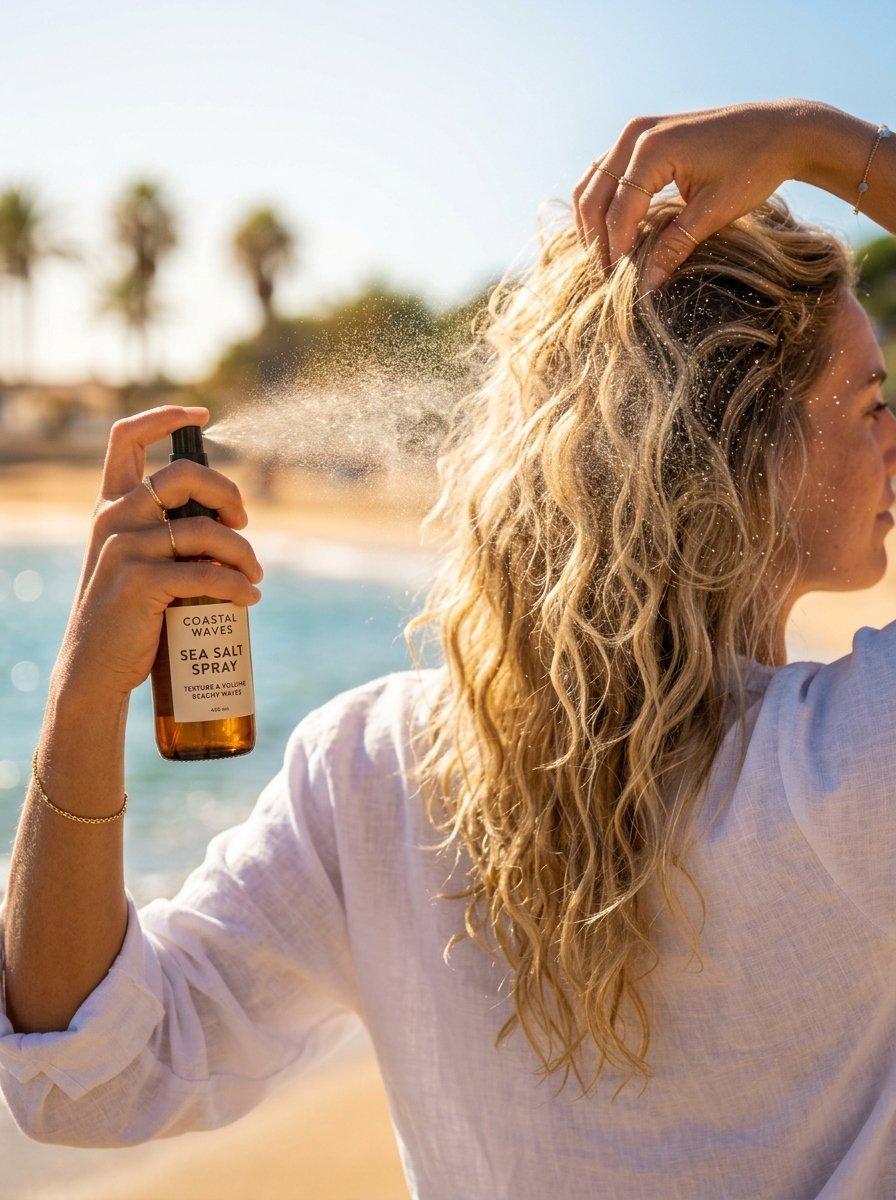 Blonde woman at the beach spraying hair product onto her wavy hair with palm trees in the background.