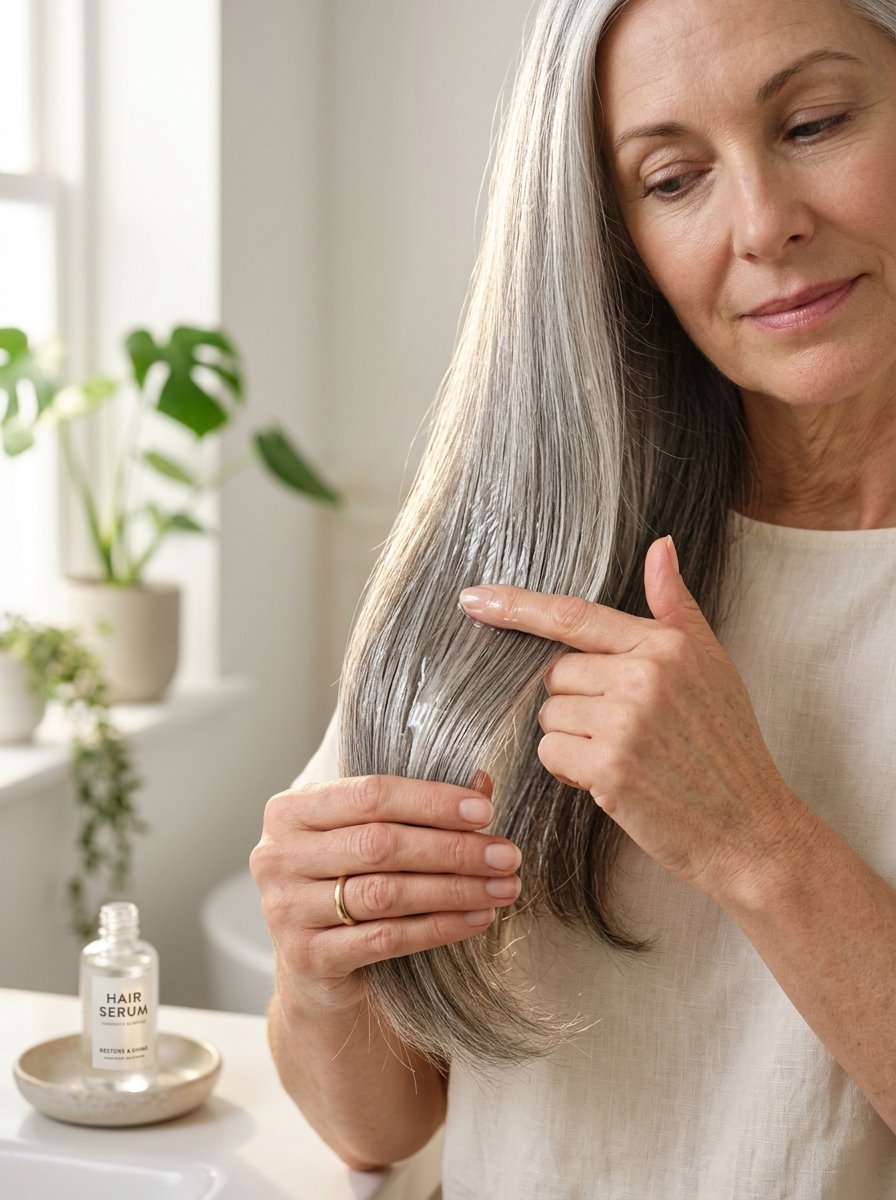 Close up of a woman with grey hair putting a clear hair serum treatment onto her strands.