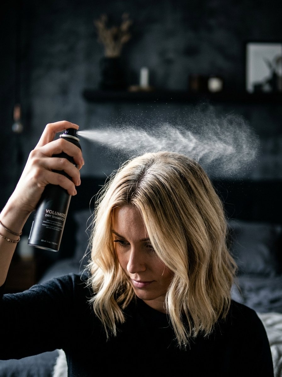 Close-up of a blonde woman applying a mist of hair product from a black aerosol can onto her scalp.