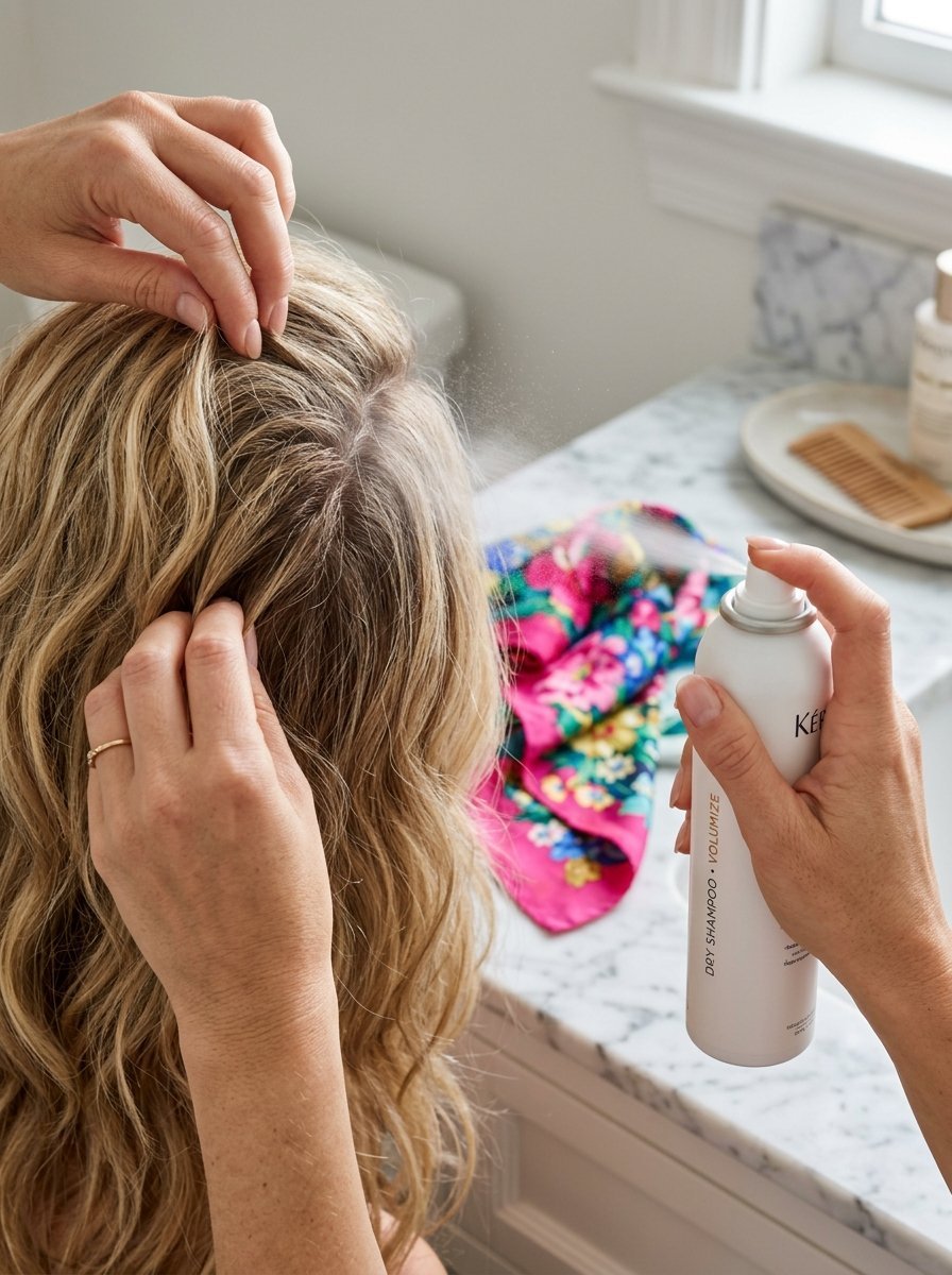 Close up of hands spraying dry shampoo onto parted blonde hair above a marble vanity.