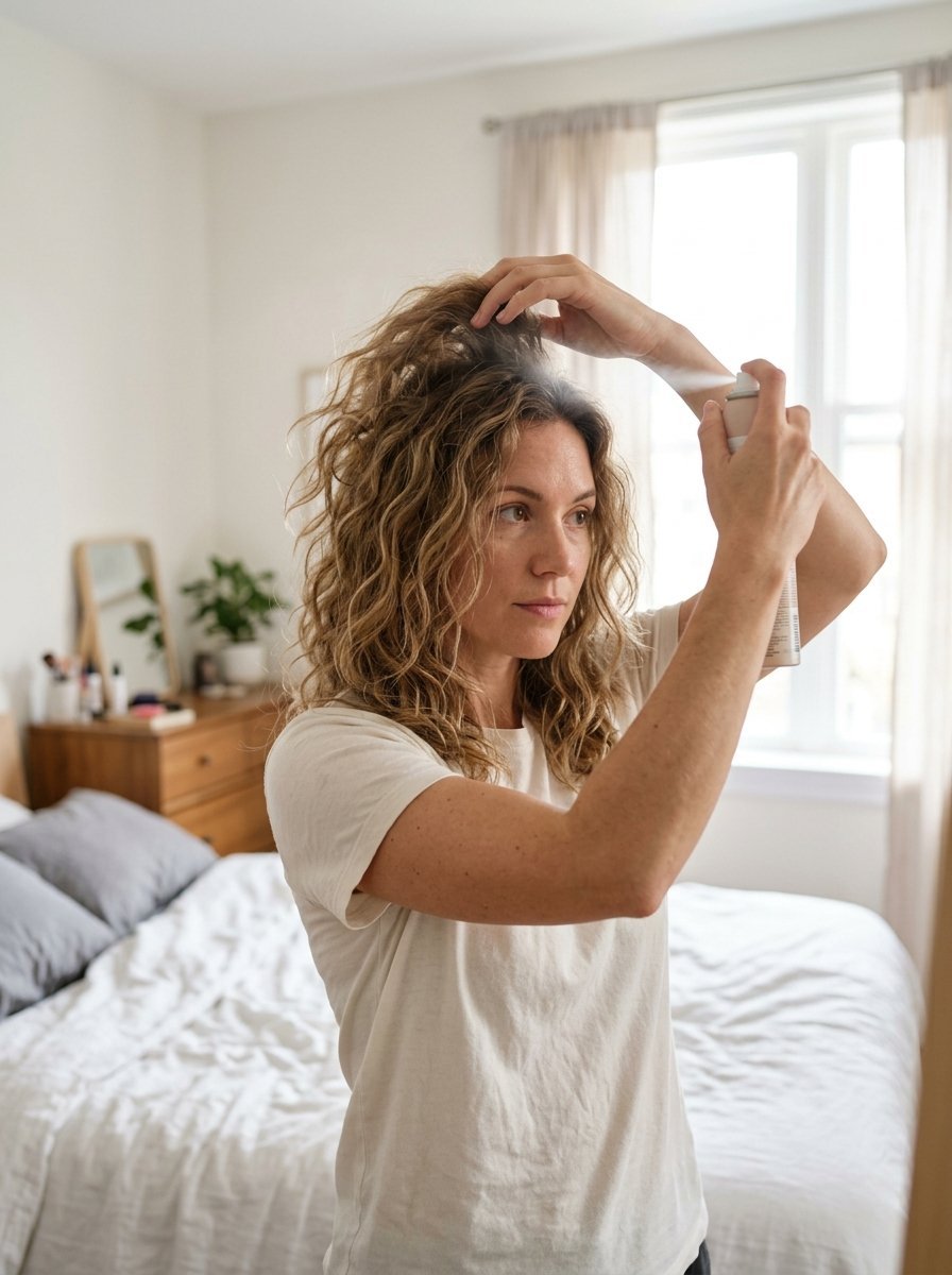 A woman stands in a bright room spraying a mist product into her messy curly hair.