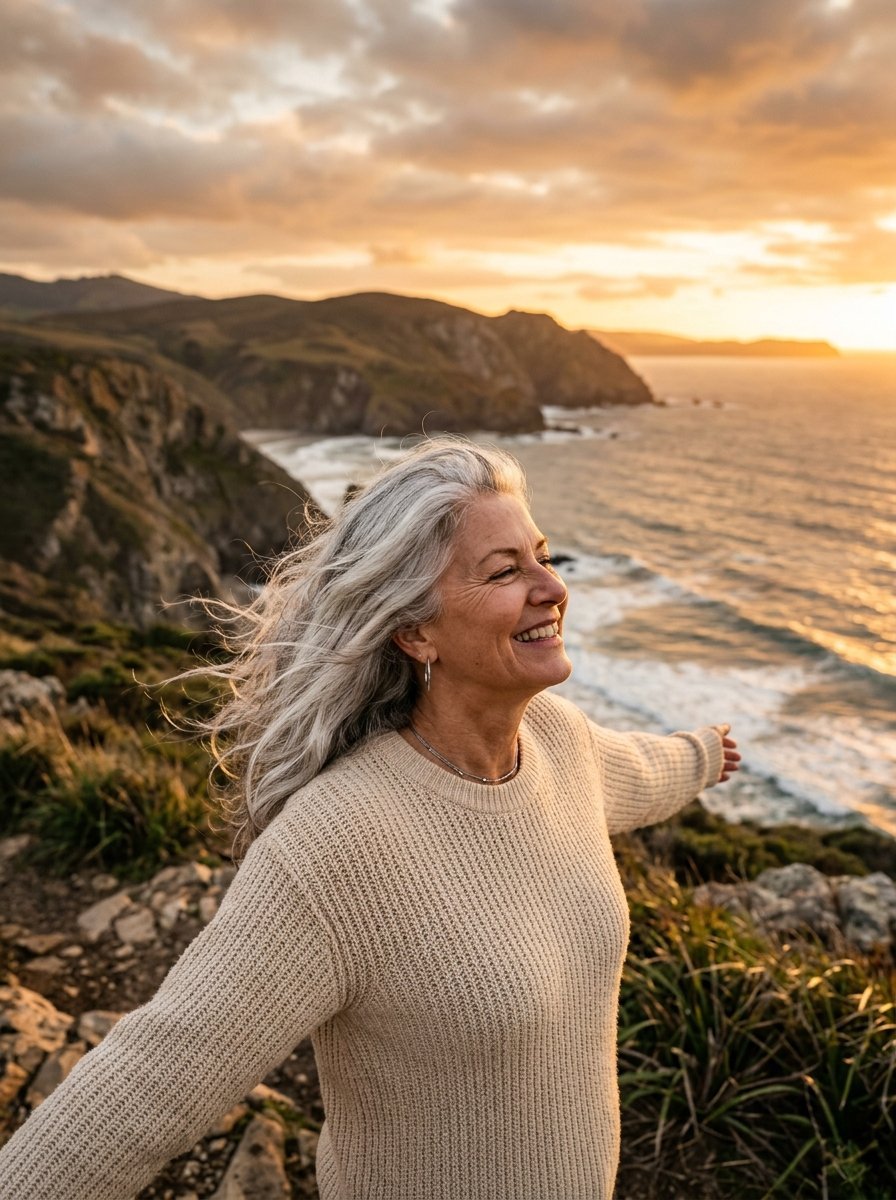 Mature woman with long grey hair smiling with arms outstretched on a rocky cliff overlooking the ocean at sunset.