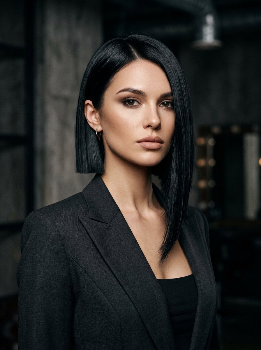 Portrait of a woman with sleek black asymmetrical hair wearing a tailored charcoal suit jacket.