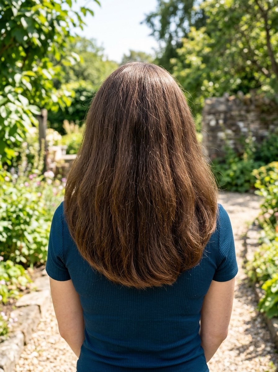 Back view of a person with long brown hair wearing a dark teal shirt, standing on a gravel path in a sunny garden.