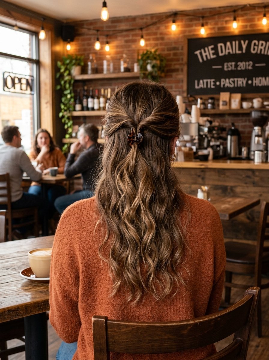 Back view of a woman wearing an orange sweater and a hair claw clip while sitting inside a rustic coffee house.
