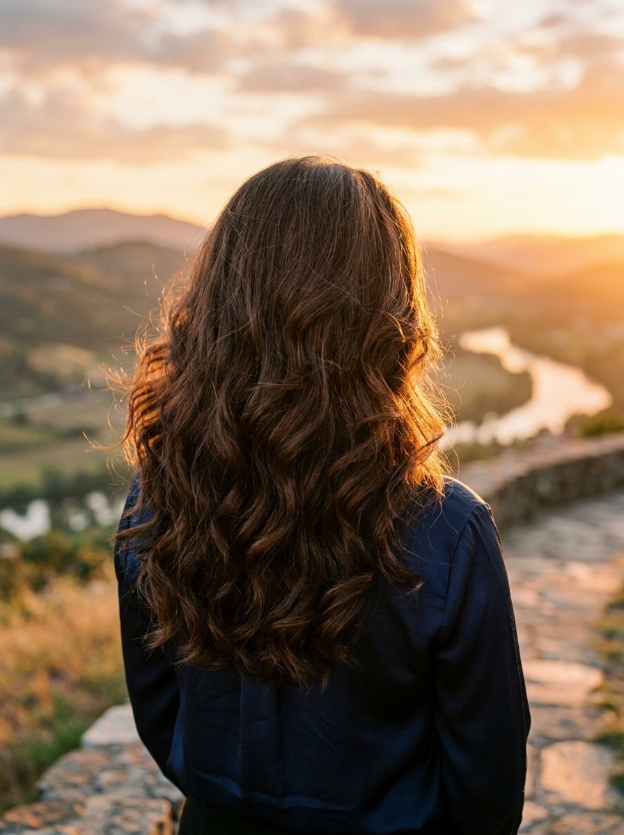 Back view of a woman with long dark wavy hair standing outdoors at golden hour overlooking a river and hills.