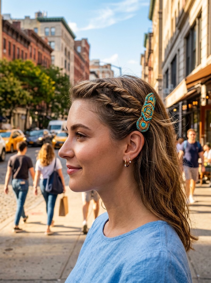 Side profile of a woman with blonde hair in twists secured by an ornate turquoise and copper beaded hair accessory.