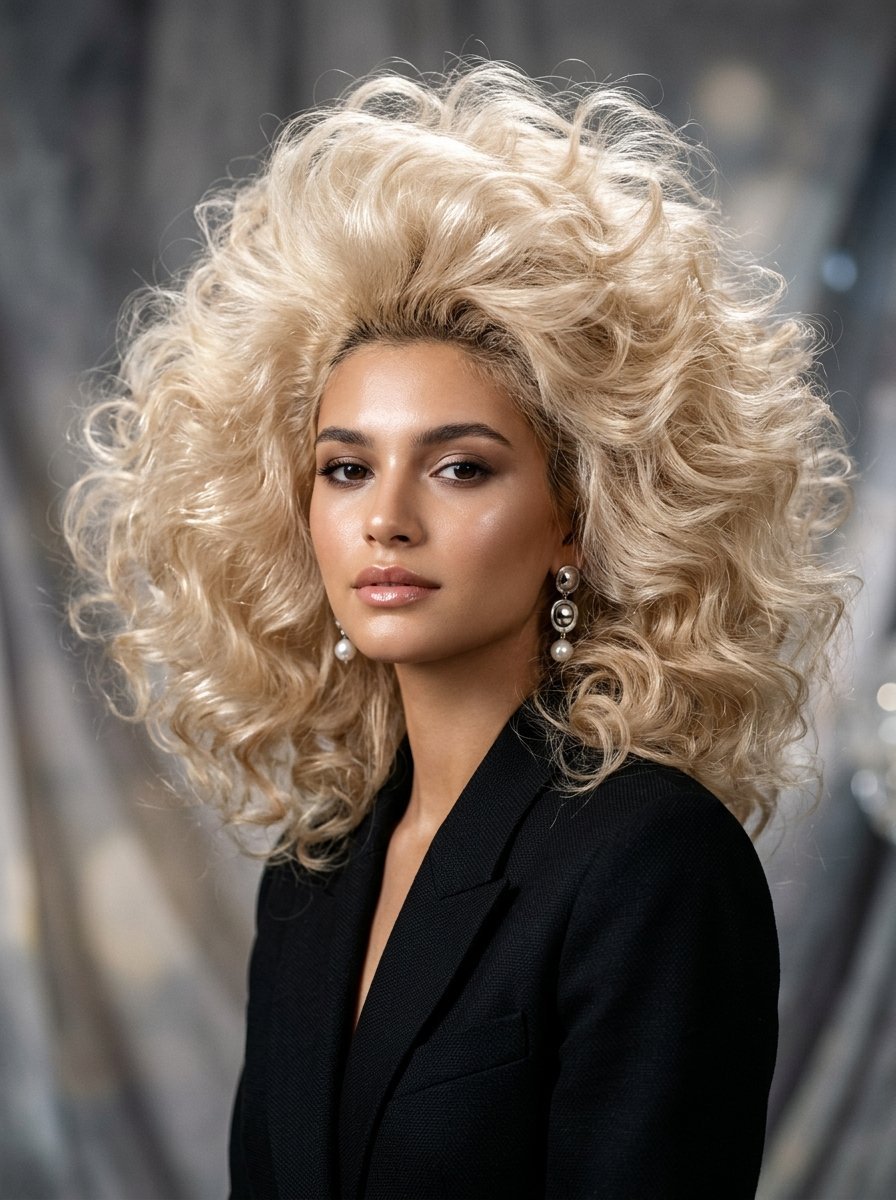 Portrait of a woman with massive, teased blonde curly hair and pearl earrings in a black suit.